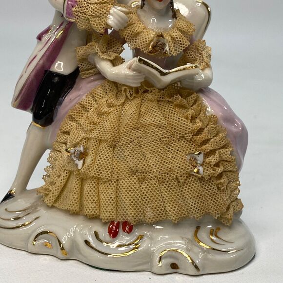 Vintage Lady & GentleMan Porcelain Victorian Figurines Reading Dresden Lace 5" - Picture 3 of 11
